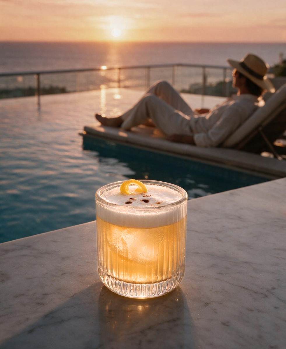 Prime rock glass with a whisky sour on a marble ledge at an infinity pool at sunset