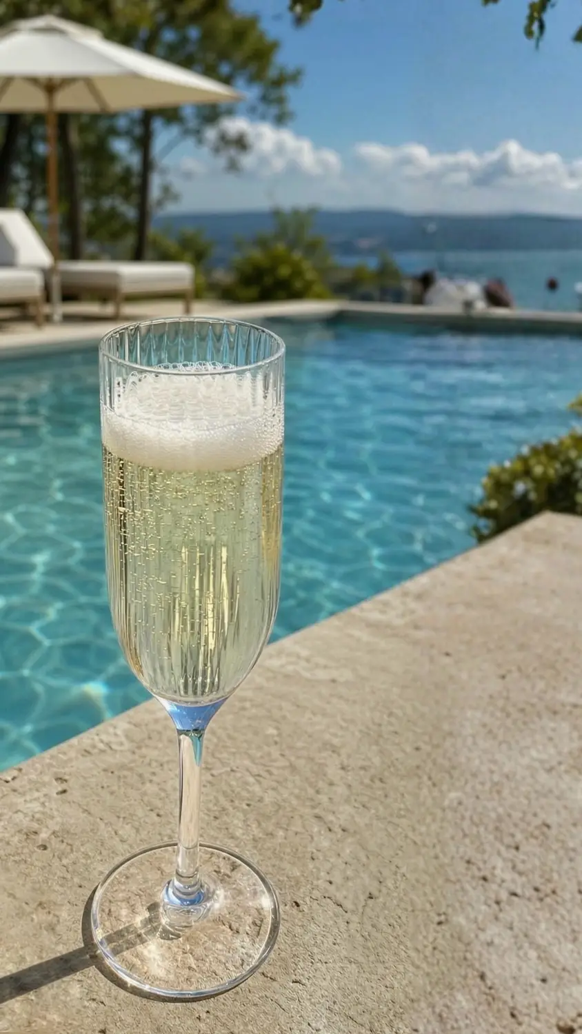 Prime champagne flute filled with sparkling wine on the stone edge of a pool overlooking a lake