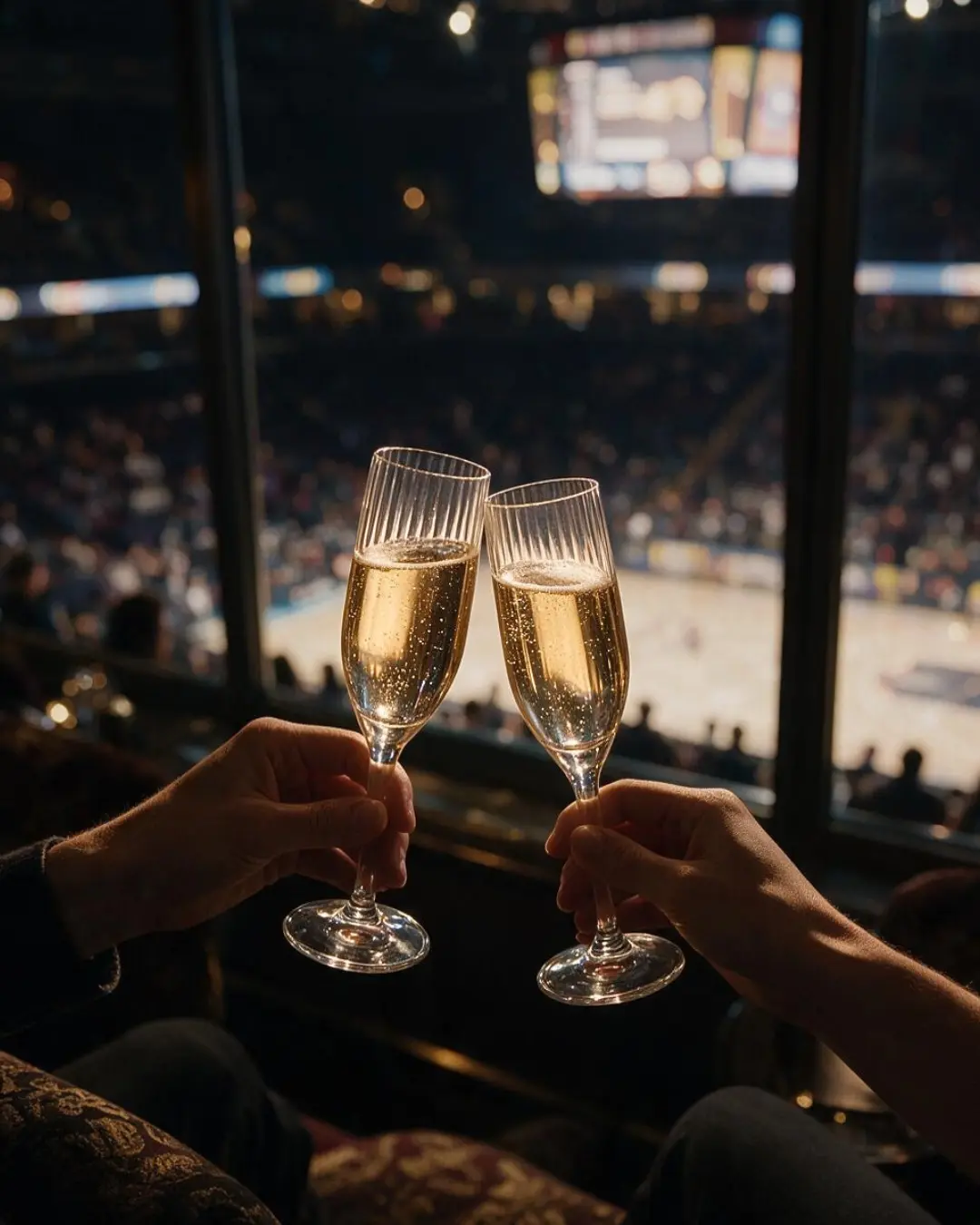 Two Prime champagne flutes raised in an arena hospitality box above the court