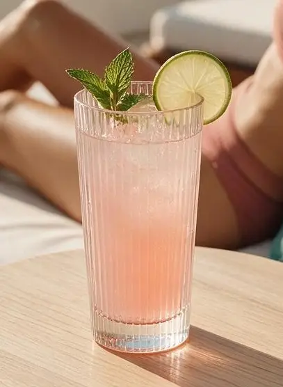 Prime highball with a pink spritz, mint and lime on a sun-lit table
