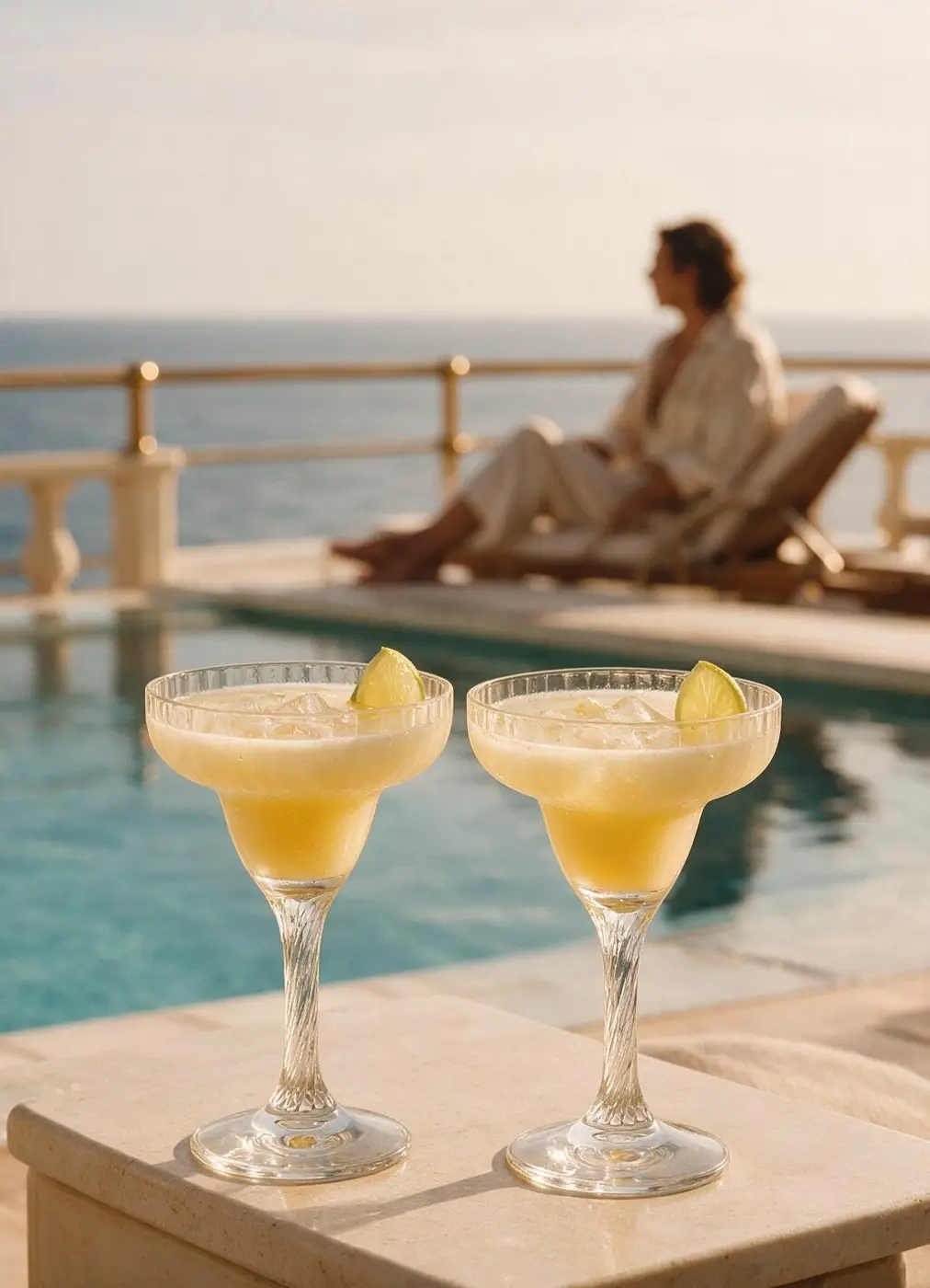 Two Prime margarita glasses on a stone ledge beside a resort pool overlooking the sea