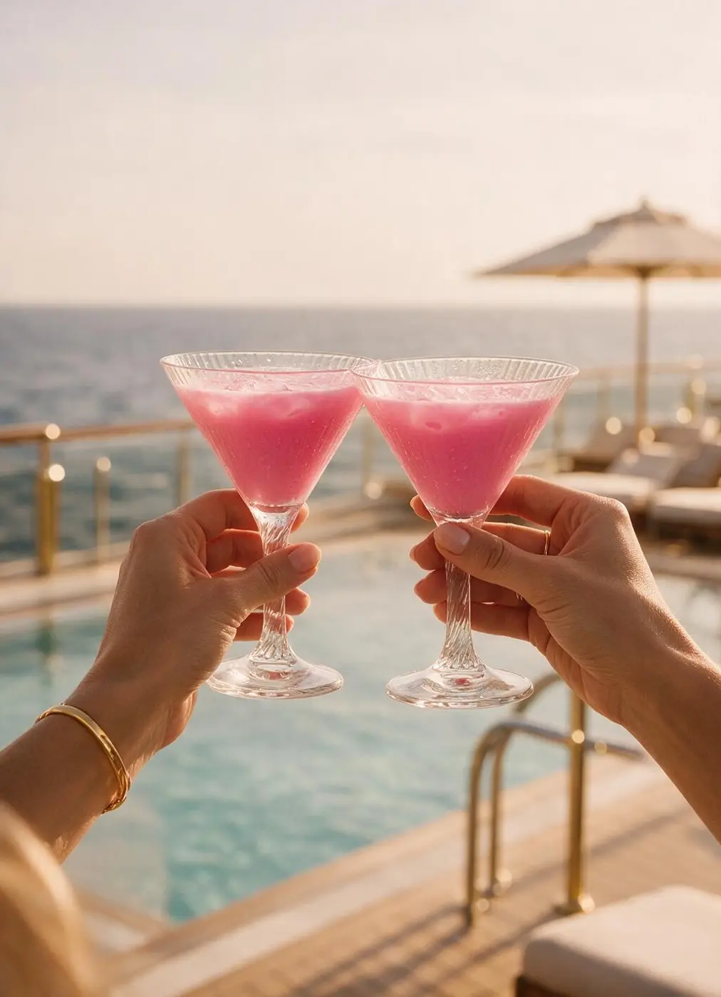 Two Prime martini glasses raised on the pool deck of a yacht