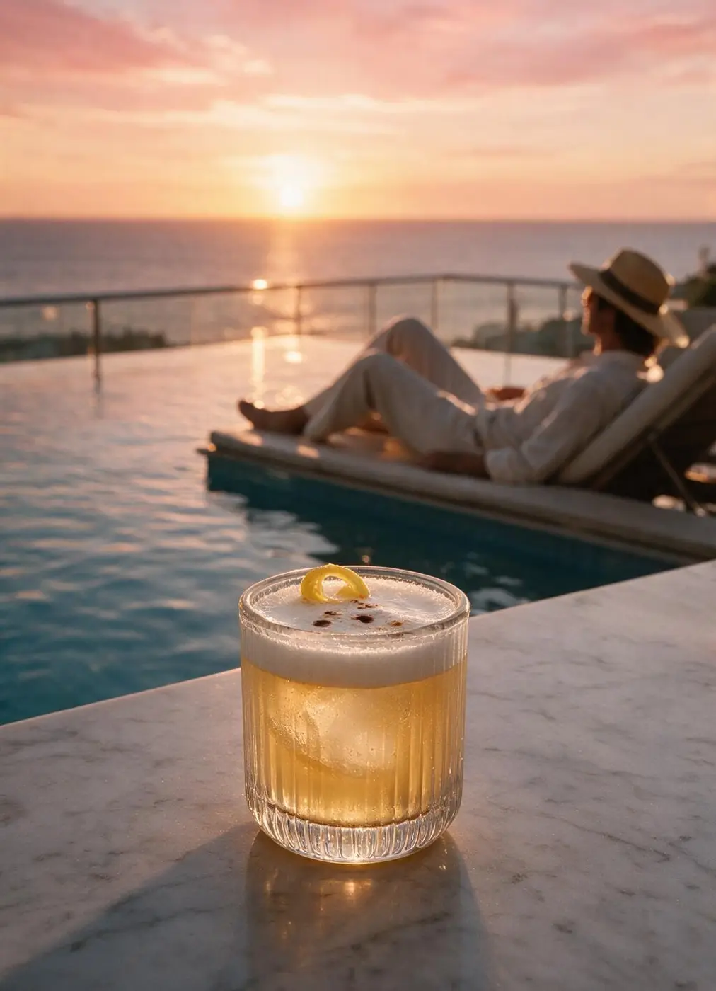 Prime rock glass with a whisky sour on marble at a resort pool at sunset